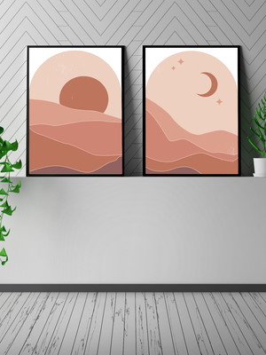 Kit quadros sol e lua boho minimalista a3 com moldura