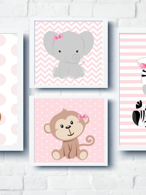 Kit quadros menina animais safari bebê