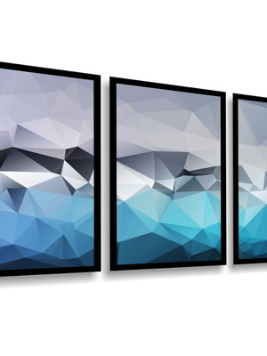 3 quadros abstrato azul e branco decoração conjunto molduras