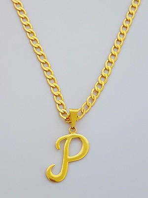 Corrente cordão 60 cm pingente letra p folheado ouro. c39p1
