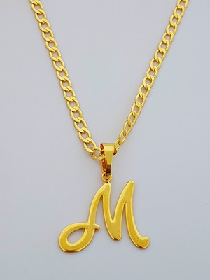 Corrente cordão 70 cm pingente letra m folheado ouro. c39m1