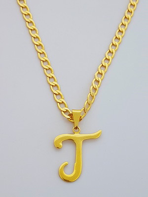 Corrente cordão 70 cm pingente letra t folheado ouro. c39t1