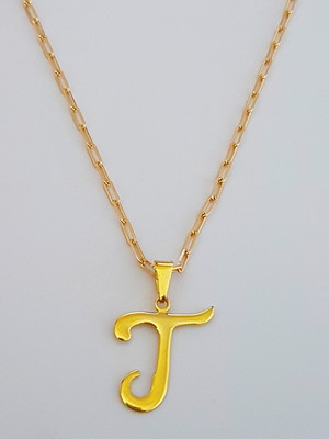 Corrente cordão 70 cm pingente letra t folheado ouro. c57t1