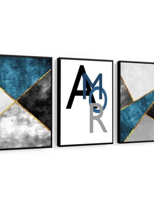 3 quadros abstrato azul e cinza decoração moderno molduras