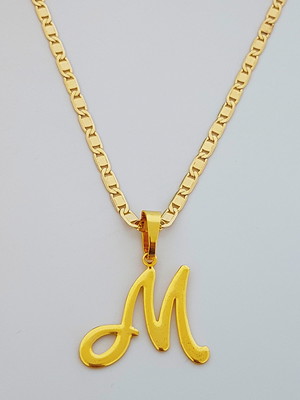 Corrente cordão 60 cm pingente letra m folheado ouro. c59m1