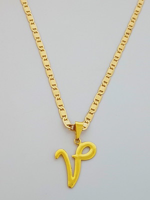Corrente cordão 70 cm pingente letra v folheado ouro. c59v1