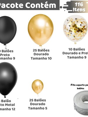 Kit arco desconstruído fita fácil balões preto e dourado