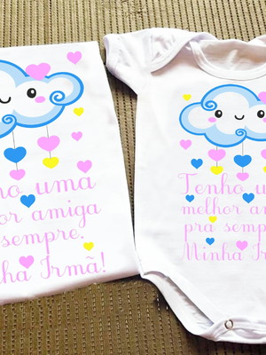 Camiseta promovida a irmã mais velha e body irmã mais nova