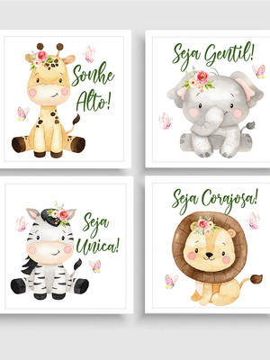 Quadros safari menina frases aquarela