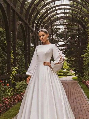 Vestido longo noiva manga longa bufante calda bordado