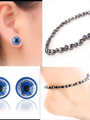 Conjunto de brinco olho grego e pulseira em pedra hematita