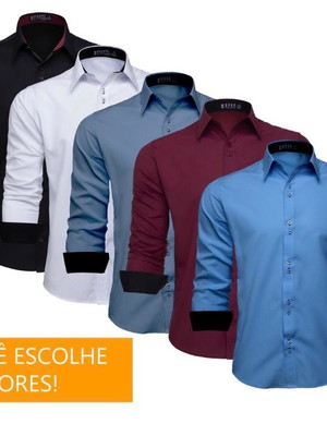 Kit 5 camisas social masculina manga longa lisa slim atacado