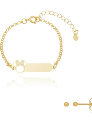 Pulseira infantil minnie + brinco folheado a ouro 18k