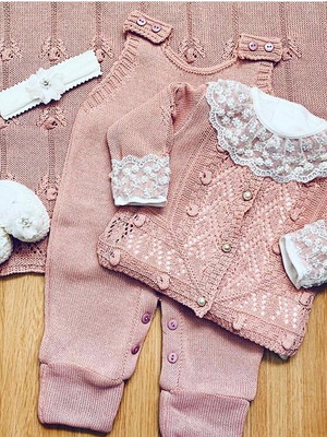Saída maternidade de menina rosê 4 peças tricot