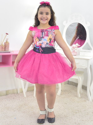 Vestido infantil barbie saia rosa de tule com glitter
