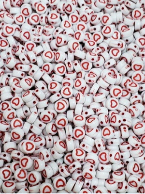 Miçanga redonda branca c/coração vermelho 4x mm -100g 736pç