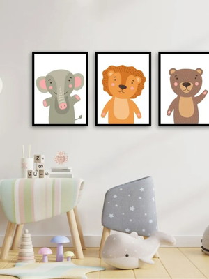 3 quadros decorativos criança animais bebe molduras