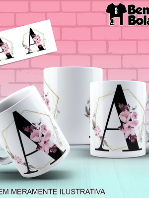 Caneca inicial do nome letra a com desenhos de flores