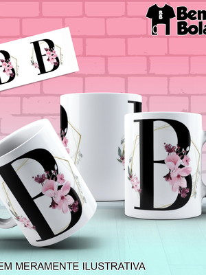 Caneca inicial do nome letra b com desenhos de flores