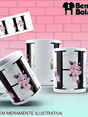 Caneca inicial do nome letra h com desenhos de flores