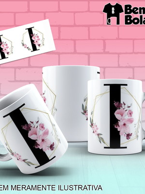 Caneca inicial do nome letra i com desenhos de flores