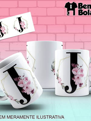 Caneca inicial do nome letra j com desenhos de flores