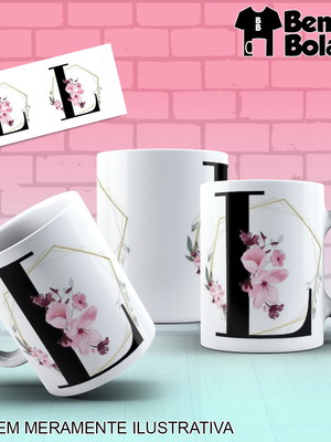 Caneca inicial do nome letra l com desenhos de flores