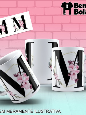 Caneca inicial do nome letra m com desenhos de flores