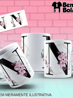 Caneca inicial do nome letra n com desenhos de flores