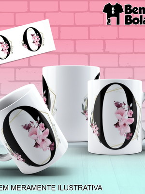 Caneca inicial do nome letra o com desenhos de flores