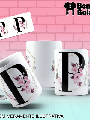 Caneca inicial do nome letra p com desenhos de flores