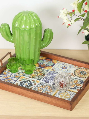Bandeja madeira premium com azulejos - cores