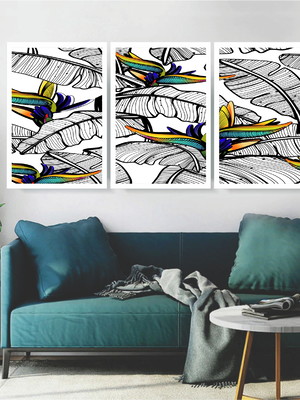 Kit 3 quadros decorativos botânicos folhas cores com moldura
