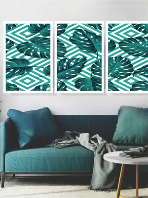 Kit 3 quadros decorativos botânicos folhas cores com moldura