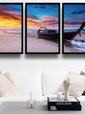 3 quadro decoração por do sol praia mar barco molduras