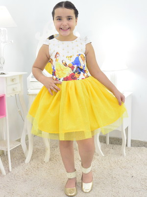 Vestido da bela e a fera saia amarela de tule com glitter