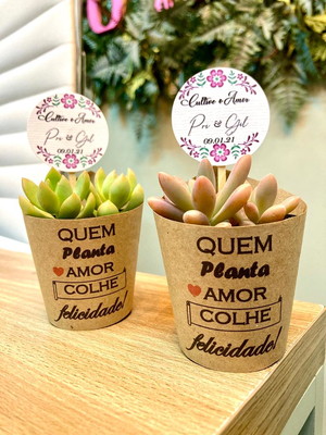 Lembrancinha mini suculenta com papel kraft personalizado