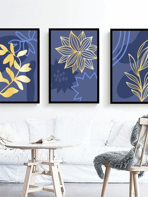3 quadros decorativos flores folhagem amarela azul molduras