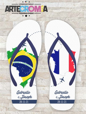Chinelo personalizado casamento viagem brasil e frança