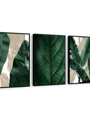 3 quadro decoração folhagem verde com dourados molduras