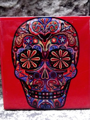 Azulejinho vintage "caveirinha mexicana" vermelho 10 x 10 cm