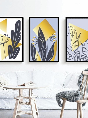 3 quadros abstrato amarelo cinza azul folhas molduras
