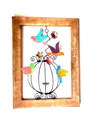 Quadro para sala passaros porta vela moldura madeira rustico