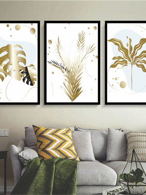 Kit 3 quadros decorativos botânicos folhas cores com moldura
