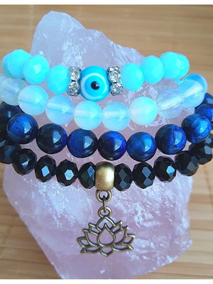 Kit 4 pulseiras em pedra olho de tigre azul e pedra da lua