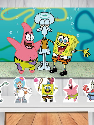 Kit festa bob esponja painel 1,50x1,00m e display de mesa