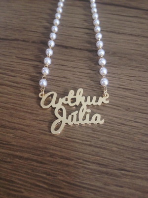 Colar perola de nome duplo personalizado banhada a ouro 18k