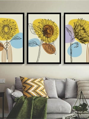 3 quadros decorativos girassol folhagem conjunto molduras