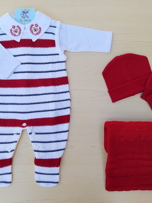 Saída de maternidade menino listras bordado urso vermelho