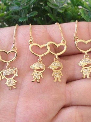 Colar pingente coração casal ou dois meninos(as) banho ouro